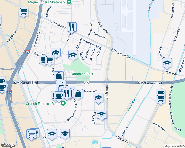 map of restaurants, bars, coffee shops, grocery stores, and more near 4630 Sordi Court in Reno