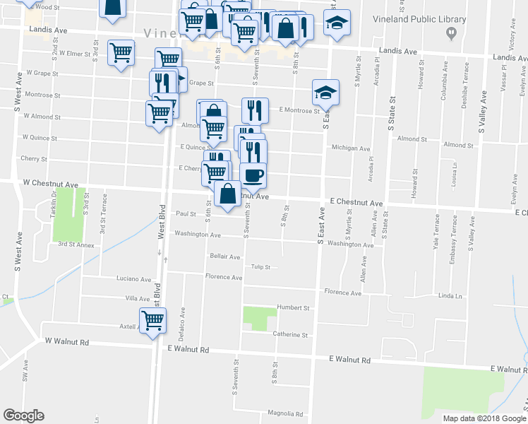 map of restaurants, bars, coffee shops, grocery stores, and more near 709 East Chestnut Avenue in Vineland