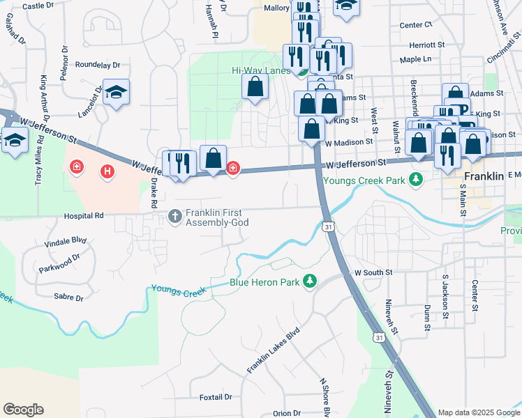 map of restaurants, bars, coffee shops, grocery stores, and more near 820 Hospital Road in Franklin