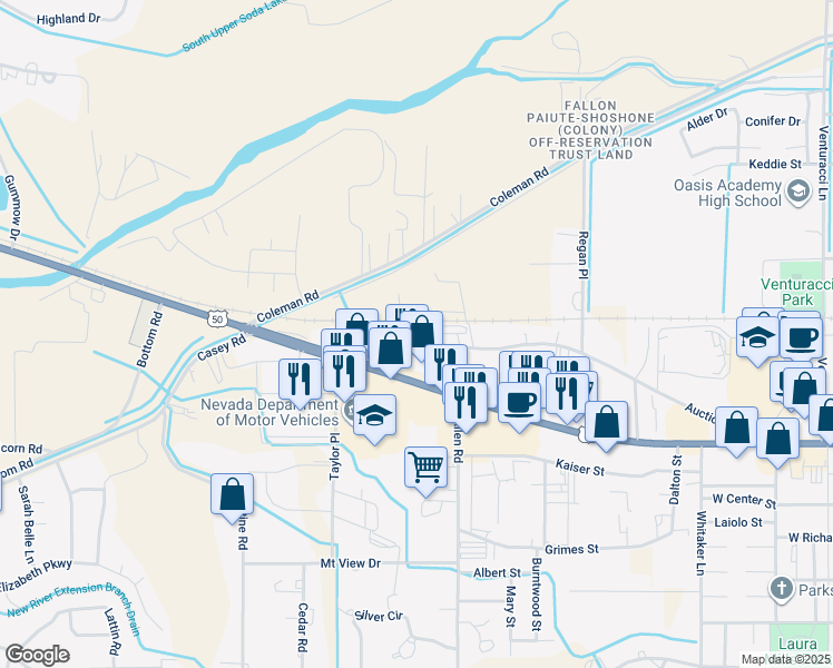map of restaurants, bars, coffee shops, grocery stores, and more near 2000 Auction Road in Fallon