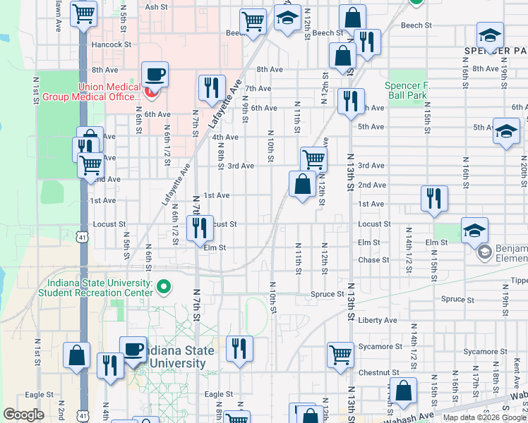 map of restaurants, bars, coffee shops, grocery stores, and more near 933 North 9th Street in Terre Haute