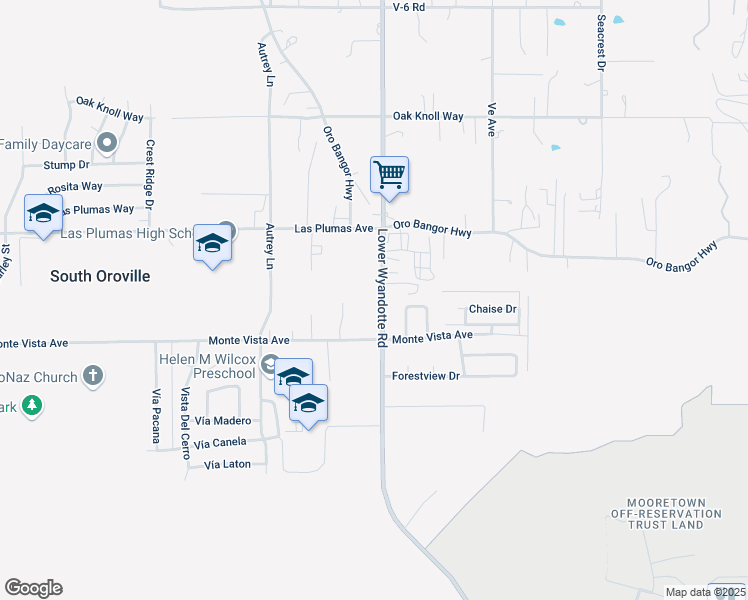 map of restaurants, bars, coffee shops, grocery stores, and more near 5630 Lower Wyandotte Road in Oroville