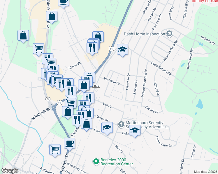 map of restaurants, bars, coffee shops, grocery stores, and more near 57 Brentwood Street in Martinsburg