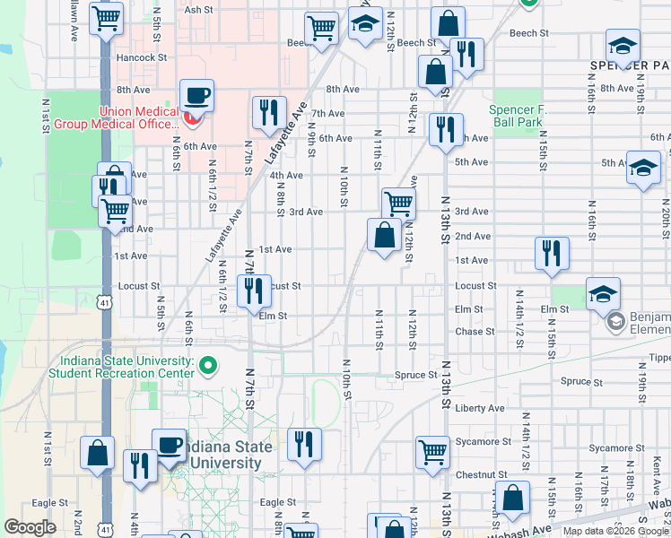 map of restaurants, bars, coffee shops, grocery stores, and more near 933 North 9th Street in Terre Haute