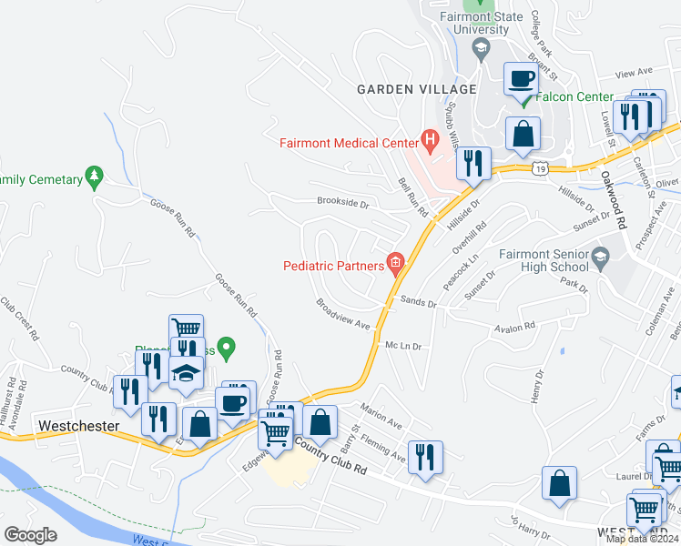 map of restaurants, bars, coffee shops, grocery stores, and more near 121 Circle Drive in Fairmont