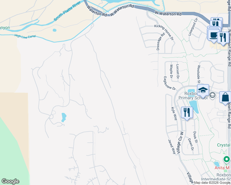 map of restaurants, bars, coffee shops, grocery stores, and more near 8014 Donatello Court in Littleton