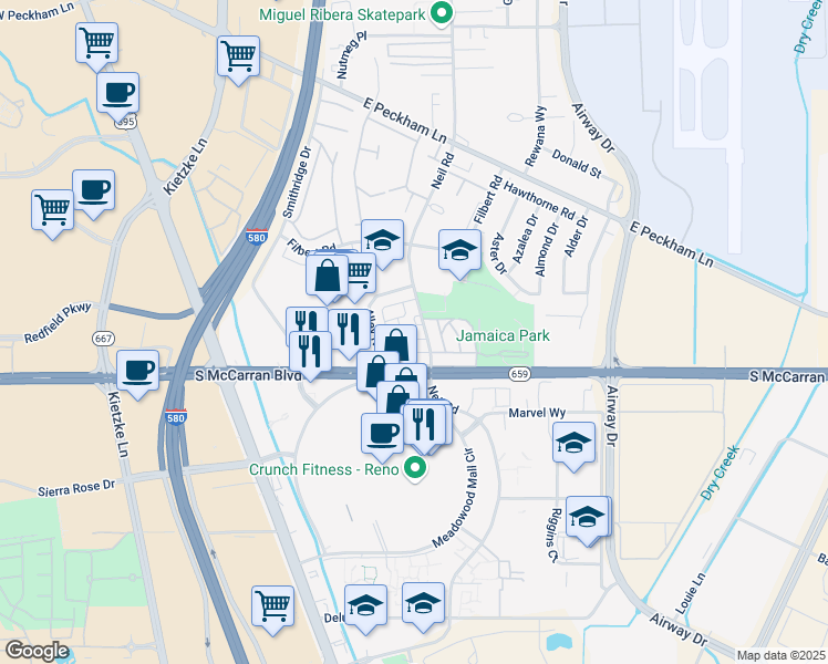 map of restaurants, bars, coffee shops, grocery stores, and more near 4960 Neil Road in Reno