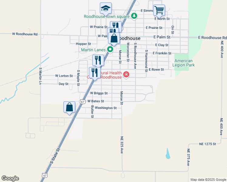 map of restaurants, bars, coffee shops, grocery stores, and more near 716-756 Thompson Street in Roodhouse