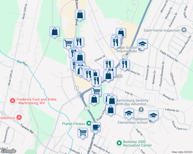 map of restaurants, bars, coffee shops, grocery stores, and more near 107 Pleasant Court in Martinsburg