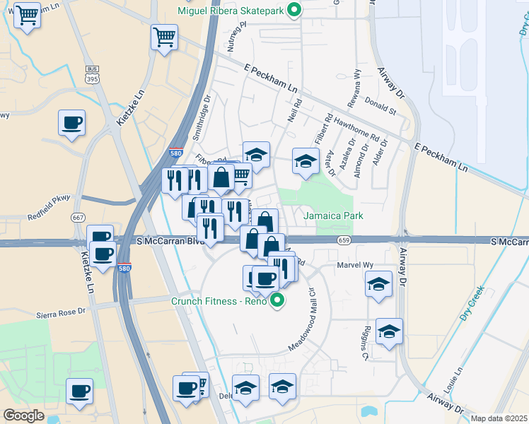 map of restaurants, bars, coffee shops, grocery stores, and more near 5020 Catalina Drive in Reno