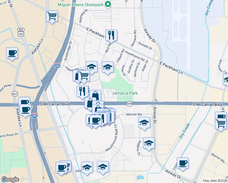 map of restaurants, bars, coffee shops, grocery stores, and more near 5020 Tahiti Way in Reno