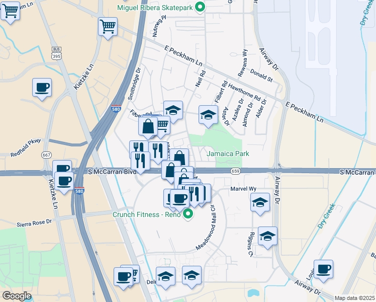 map of restaurants, bars, coffee shops, grocery stores, and more near 4960 Neil Road in Reno