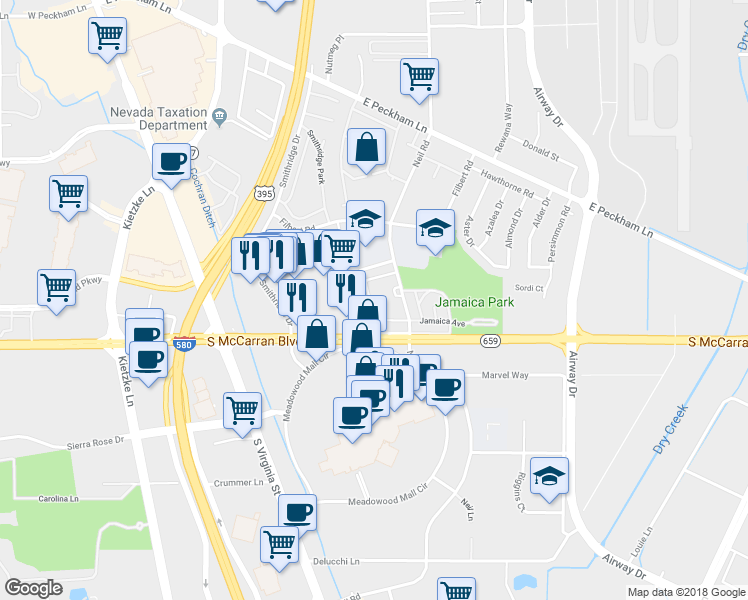 map of restaurants, bars, coffee shops, grocery stores, and more near 5010 Catalina Drive in Reno
