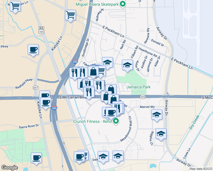 map of restaurants, bars, coffee shops, grocery stores, and more near 5010 Catalina Drive in Reno