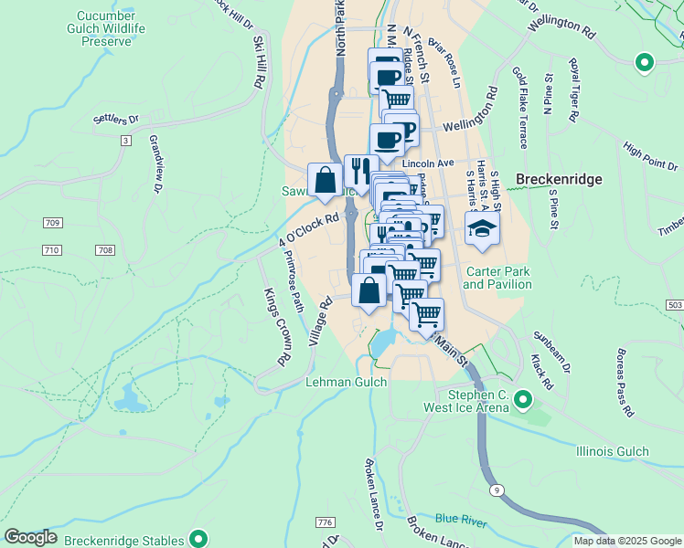 map of restaurants, bars, coffee shops, grocery stores, and more near 315 South Park Avenue in Breckenridge