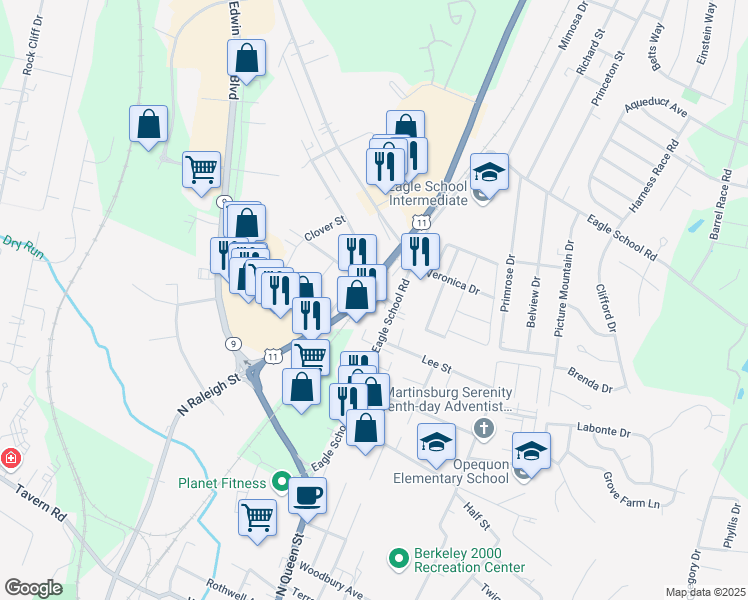 map of restaurants, bars, coffee shops, grocery stores, and more near 43 Meadow Lane in Martinsburg