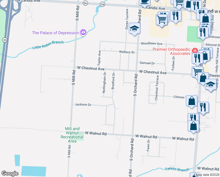 map of restaurants, bars, coffee shops, grocery stores, and more near 646 Bradford Drive in Vineland