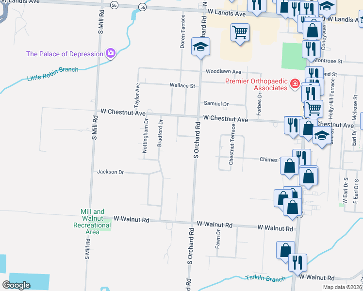 map of restaurants, bars, coffee shops, grocery stores, and more near 1459 Estrose Street in Vineland