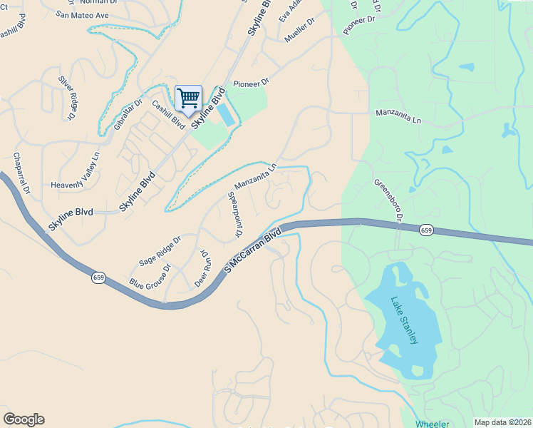 map of restaurants, bars, coffee shops, grocery stores, and more near 2490 Manzanita Lane in Reno