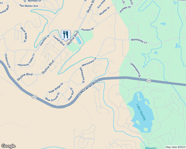 map of restaurants, bars, coffee shops, grocery stores, and more near 2490 Manzanita Lane in Reno