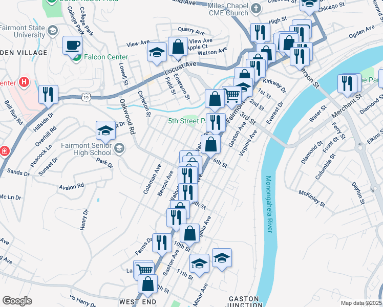map of restaurants, bars, coffee shops, grocery stores, and more near 601-605 6th Street in Fairmont