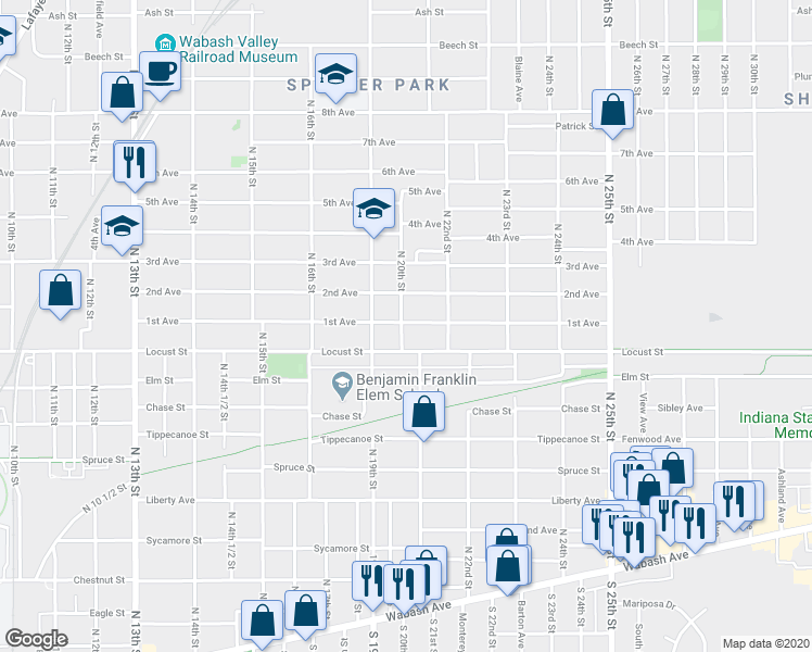 map of restaurants, bars, coffee shops, grocery stores, and more near 2000 1st Avenue in Terre Haute