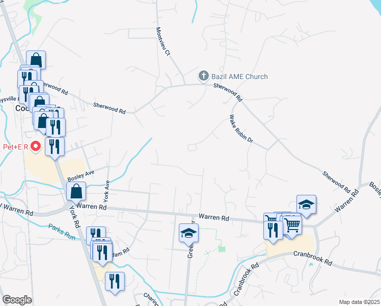 map of restaurants, bars, coffee shops, grocery stores, and more near 10600 Partridge Lane in Cockeysville