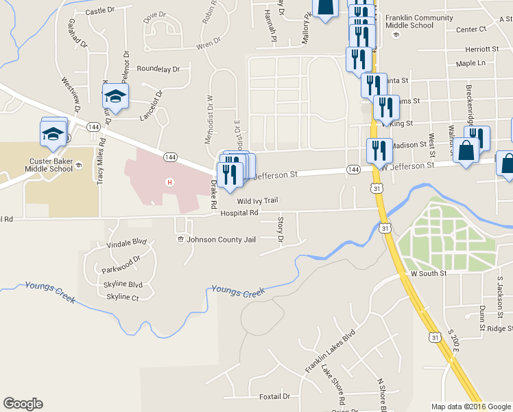 map of restaurants, bars, coffee shops, grocery stores, and more near 1051 Wild Ivy Trail in Franklin
