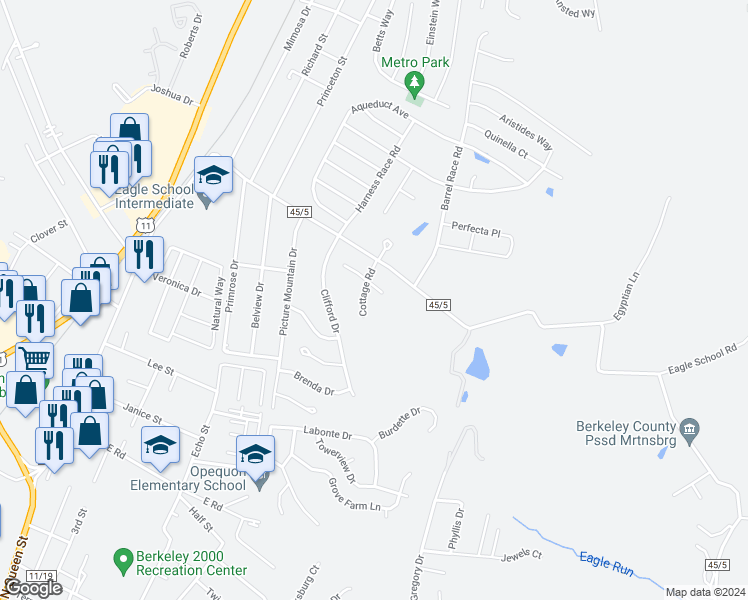 map of restaurants, bars, coffee shops, grocery stores, and more near 73 Cottage Road in Martinsburg