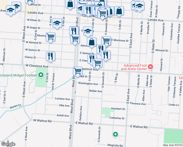 map of restaurants, bars, coffee shops, grocery stores, and more near 713 South 6th Street in Vineland