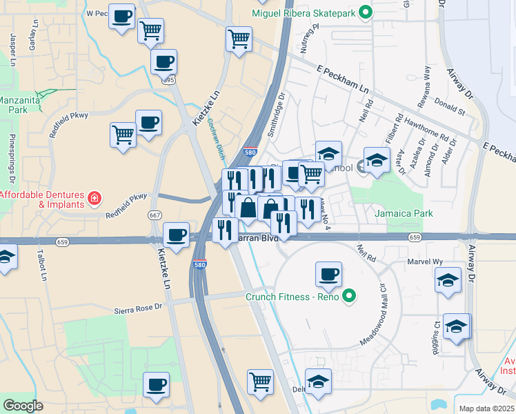 map of restaurants, bars, coffee shops, grocery stores, and more near 780 Smithridge Dr in Reno