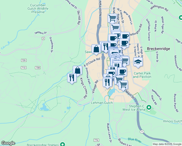 map of restaurants, bars, coffee shops, grocery stores, and more near 320 Primrose Path in Breckenridge