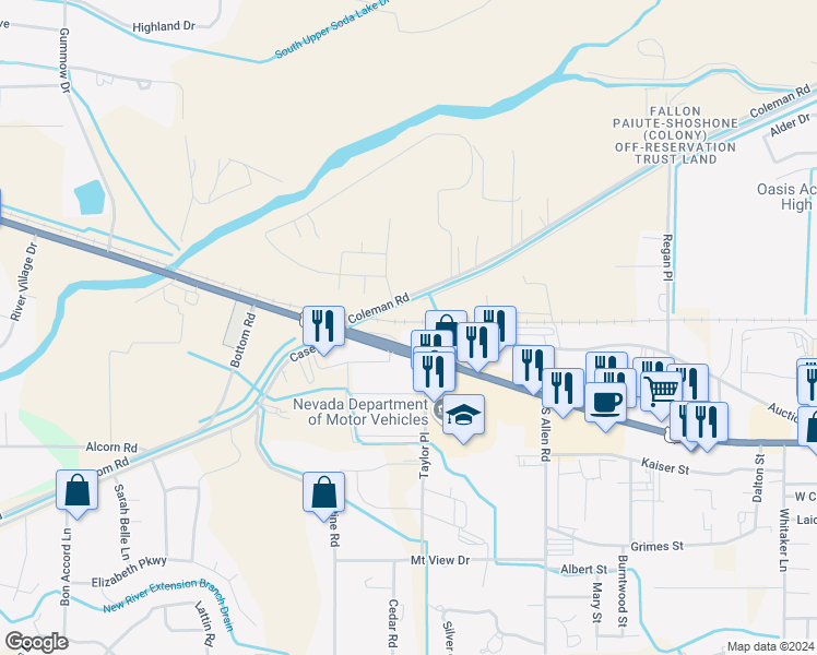 map of restaurants, bars, coffee shops, grocery stores, and more near 2256 Reno Highway in Fallon