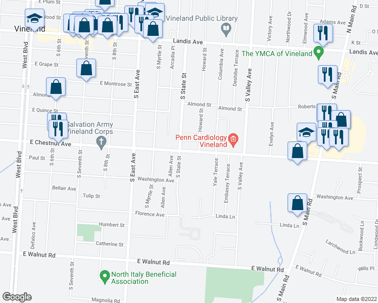 map of restaurants, bars, coffee shops, grocery stores, and more near 1033 East Chestnut Avenue in Vineland