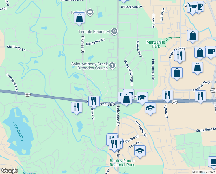 map of restaurants, bars, coffee shops, grocery stores, and more near 1955 South Villa Way in Reno