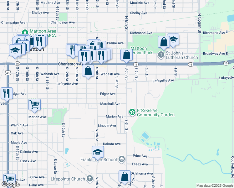 map of restaurants, bars, coffee shops, grocery stores, and more near S 7th St in Mattoon