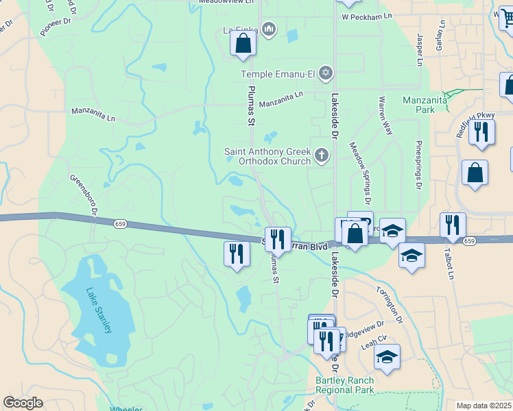 map of restaurants, bars, coffee shops, grocery stores, and more near 4903 Lakeridge Terrace East in Reno