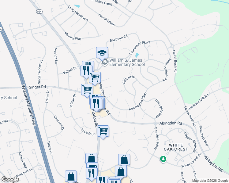 map of restaurants, bars, coffee shops, grocery stores, and more near 2901 Shelley Court in Abingdon