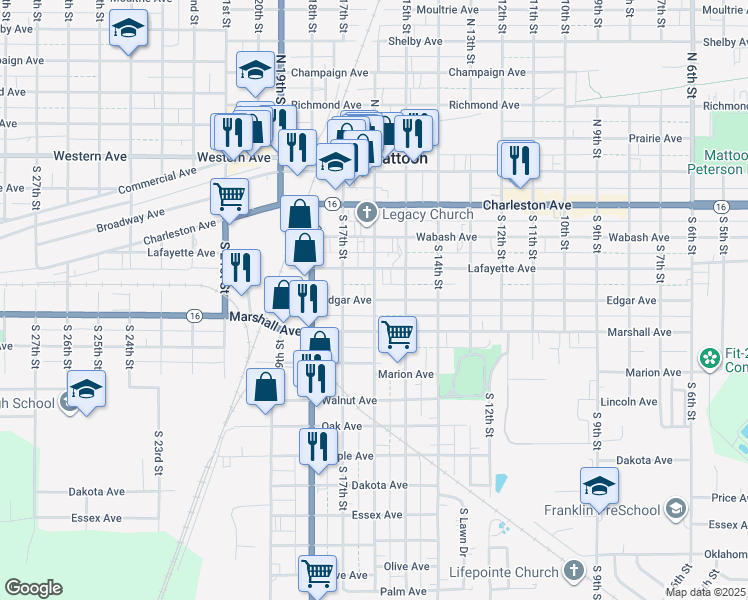map of restaurants, bars, coffee shops, grocery stores, and more near 499 S 16th St in Mattoon
