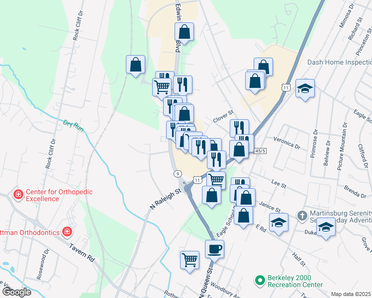 map of restaurants, bars, coffee shops, grocery stores, and more near 1291-1357 Edwin Miller Boulevard in Martinsburg
