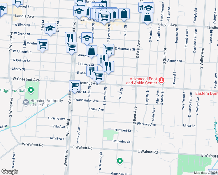 map of restaurants, bars, coffee shops, grocery stores, and more near 709 East Chestnut Avenue in Vineland