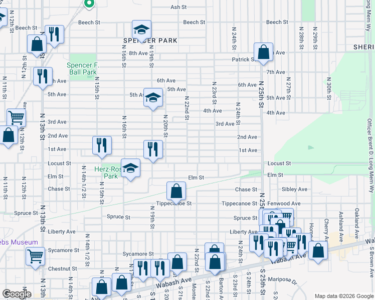map of restaurants, bars, coffee shops, grocery stores, and more near 2198 1st Avenue in Terre Haute