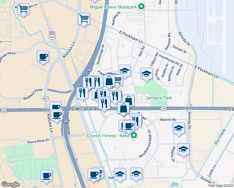 map of restaurants, bars, coffee shops, grocery stores, and more near 5023 South McCarran Boulevard in Reno
