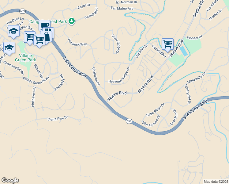 map of restaurants, bars, coffee shops, grocery stores, and more near 3965 Skyline Boulevard in Reno