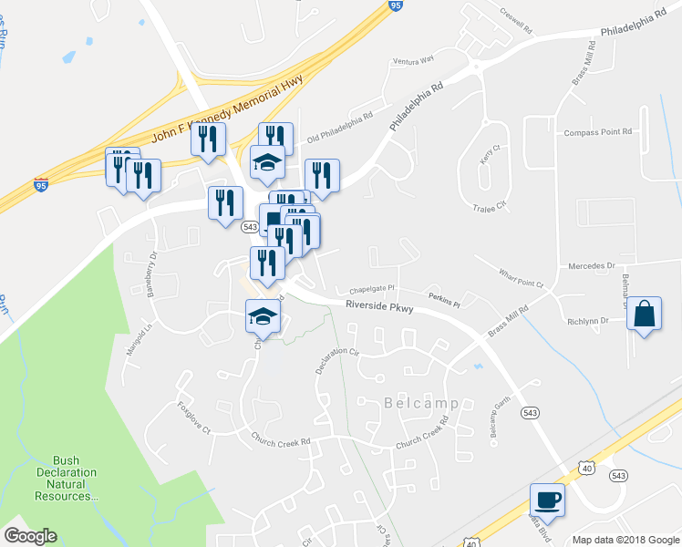 map of restaurants, bars, coffee shops, grocery stores, and more near 1315 Belcamp Road in Belcamp