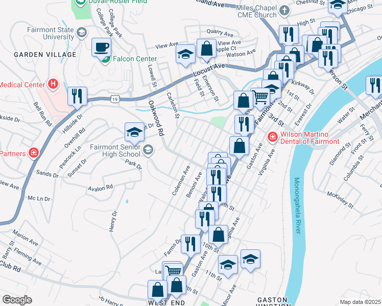 map of restaurants, bars, coffee shops, grocery stores, and more near 615 Coleman Avenue in Fairmont