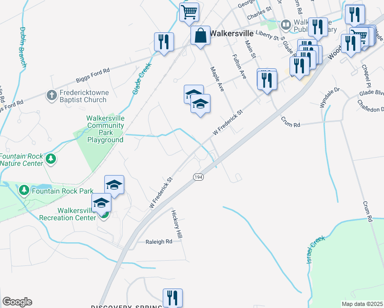 map of restaurants, bars, coffee shops, grocery stores, and more near 55 West Frederick Street in Walkersville
