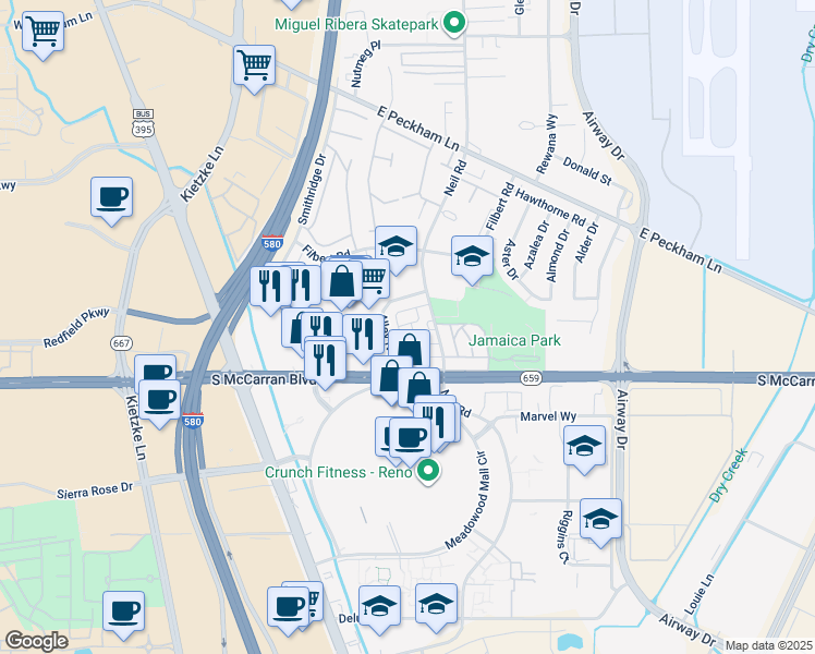 map of restaurants, bars, coffee shops, grocery stores, and more near 5010 Catalina Drive in Reno