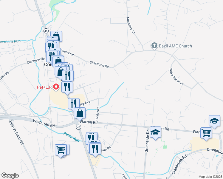 map of restaurants, bars, coffee shops, grocery stores, and more near 119 Bosley Avenue in Cockeysville