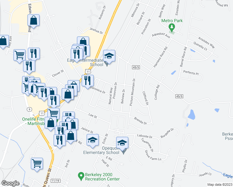 map of restaurants, bars, coffee shops, grocery stores, and more near 265 Primrose Drive in Martinsburg